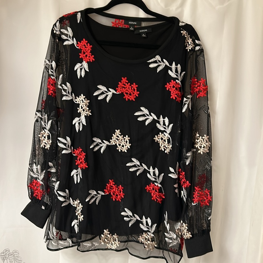 Alfani black shear top with embroidered flowers. Size extra large. - Picture 2 of 14